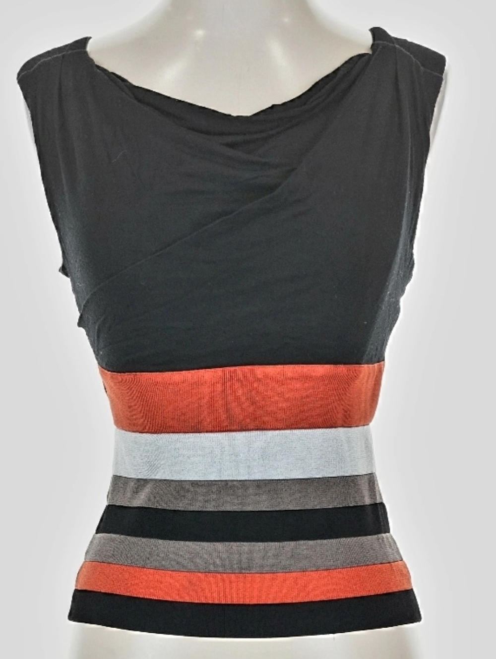 Karen Millen Sleeveless Top Black Knit Draped Neck Striped Bandage Sz.3